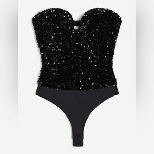 Black Sequinned Deep-Plunge Strapless Bodysuit Small